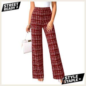 High Waisted Flare Pants Elastic Waist Plaid Bell Bottom Trousers Business